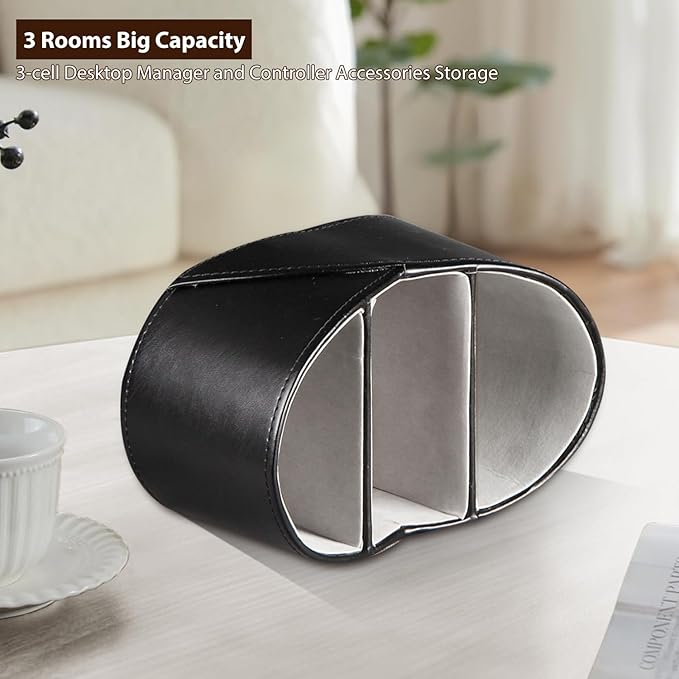 PU Leather TV Remote Control Holder with 3 Compartments, Bedside Table Remotes Caddy, Office Desk Accessories and Workspace Organizers, Storage Box to Store Pen, Controllers, Media Player, Cosmetics