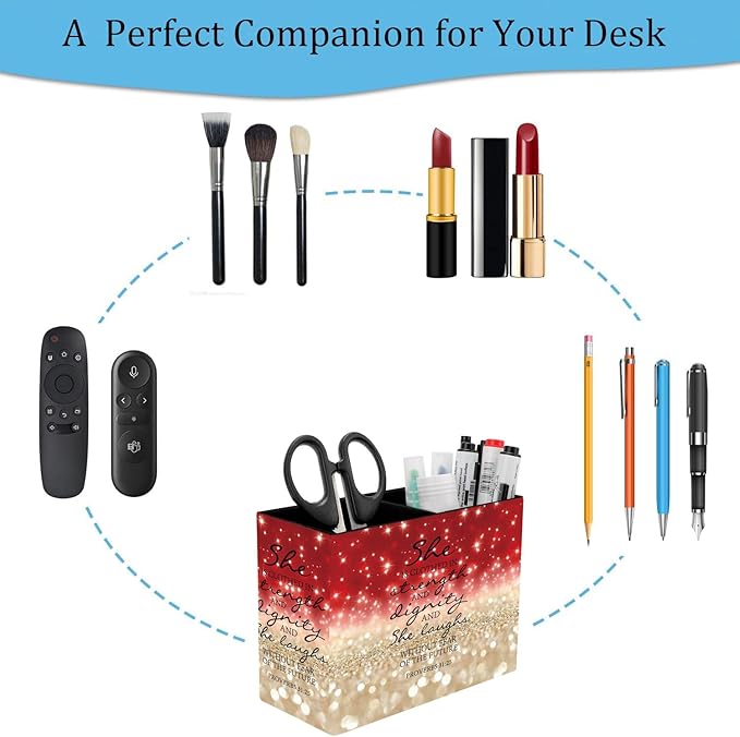 Pen Holder, Pencil Case, Makeup Brush Storage Box, Tableware Storage Box, Suitable for Office Or Home Item Organizing Stand - Red Glitter Quote Proverbs 31-25