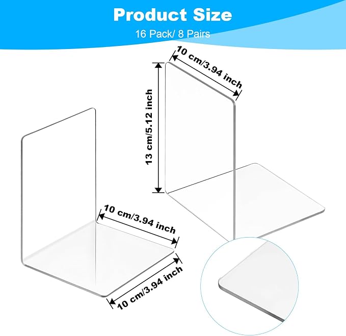 16 Pcs Acrylic Bookend Set, Clear Book Ends for Shelves Heavy Duty L Shaped Bookshelf Dividers, Transparent Book Stopper for Home Office Library Movies CDs Files, 5.12 x 3.94 x 3.94 Inches