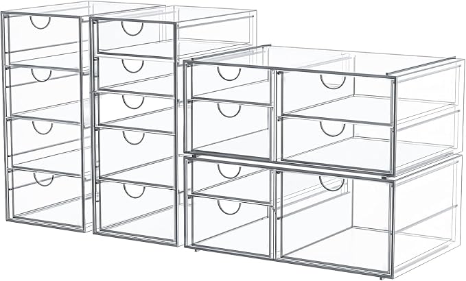 Makeup Organizer Storage With 16 Drawers, 4 Pcs Desktop Office Supplies, Desk Organizers, Clear Accessories, Dustproof Storage Drawer and for Make Up, Jewelry, Pen, Stationary