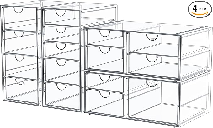 caktraie Makeup Organizer Storage With 16 Drawers, 4 Pcs Desktop Office Supplies, Desk Organizers, Clear Accessories, Dustproof Storage Drawer and for Make Up, Jewelry, Pen, Stationary