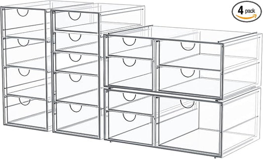 caktraie Makeup Organizer Storage With 16 Drawers, 4 Pcs Desktop Office Supplies, Desk Organizers, Clear Accessories, Dustproof Storage Drawer and for Make Up, Jewelry, Pen, Stationary