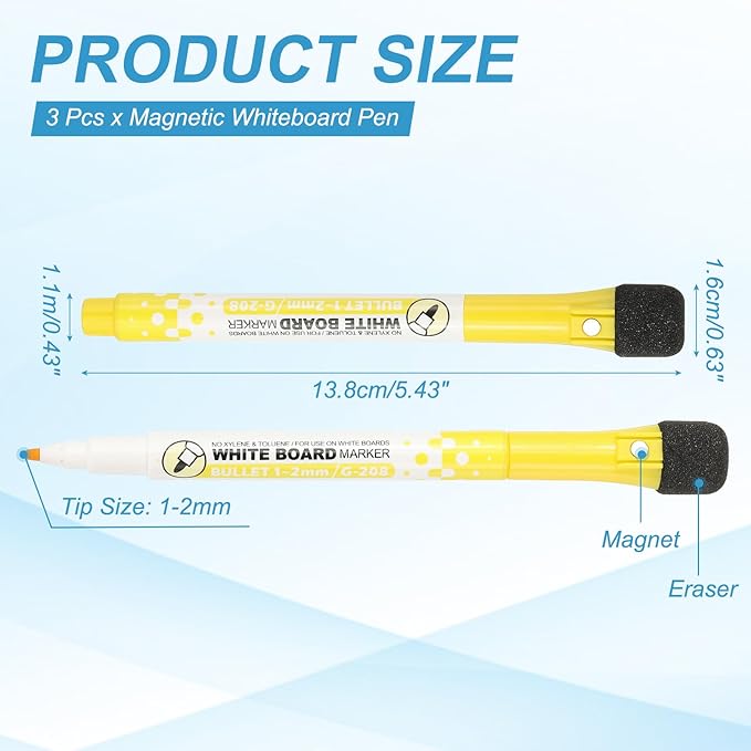 PATIKIL Magnetic Whiteboard Pen, Fine Tip Dry Erase Yellow White Board Markers with Eraser Whiteboard Calendar Supplies for Classroom Office, 3 Pcs, 1-2mm Tip