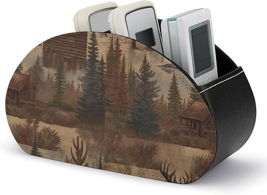 Rustic Lodge Bear Moose Remote Control Holder Desk Storage Organizer Box PU Leather Remote Caddy with 5 Compartments Fashionable Pen Storage Box Modern Desktop Organizer