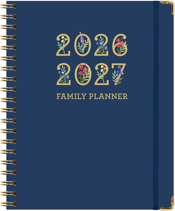 FAMILY PLANNER ORGANIZER – 8.5" x 11" Weekly & Monthly Calendar (May 2026-Jun 2026). 5+ People, Meal Planning, Budgeting, Habit Tracker – Hardcover, Household Schedule Organizer for Parents, Kids, & Caregivers (Navy Gold Numbers)