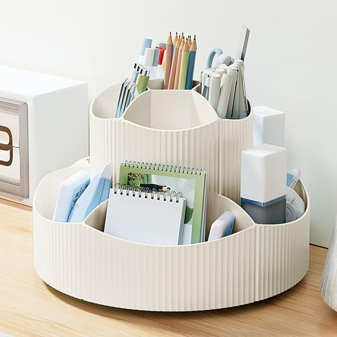 Desk Organizer, 11 Slots 360-Degree Rotating Pencil Pen Holder for Desk, Desktop Storage Pen Organizers Stationery Supplies, Art Supply Storage Box Caddy for Office, Home (Beige)