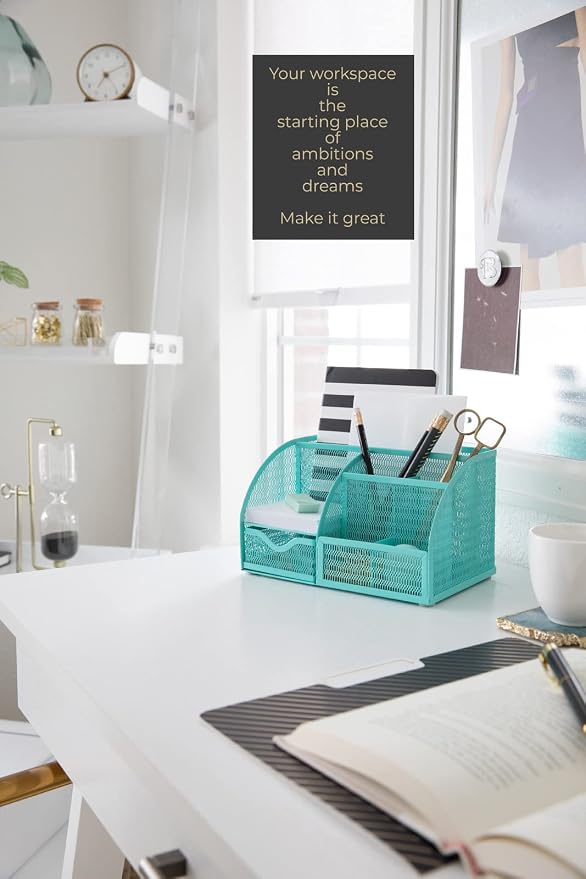BLU MONACO Aqua Desk Organizer | Metal Turquoise Stationery Holder With Drawer and Compartments | Desktop Storage for School, Bedroom, Locker and Home | 5.5”D x 8.6”W x 5”H Accessory Caddy