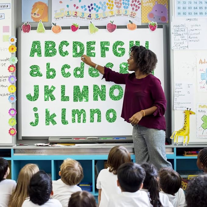 225Pcs Glitter Bulletin Board 4inch Letters with Adhesive Dots Punctuation Symbols Cutout for Classroom Numbers Alphabet School Display Decorating Supplies (Green)