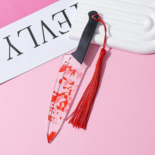 1pc Horror Novelty Bookmark - Creepy Tool Shapes with Blood Stain Design, Gothic Book Accessories for Halloween Gifts, Macabre Metal Page Holders with Red Tassels (1pc Dagger)