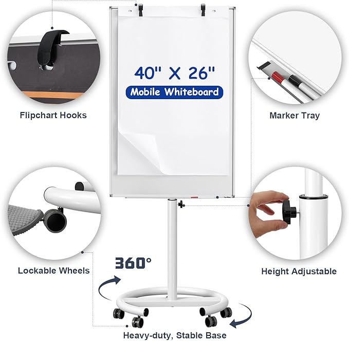 TANKEE Mobile Whiteboard on Wheels - 40'' x 26'' Portable Magnetic Standing White Board, Dry Erase Board with Stand, Flip Chart Easel for Classroom Teachers with Paper Pads