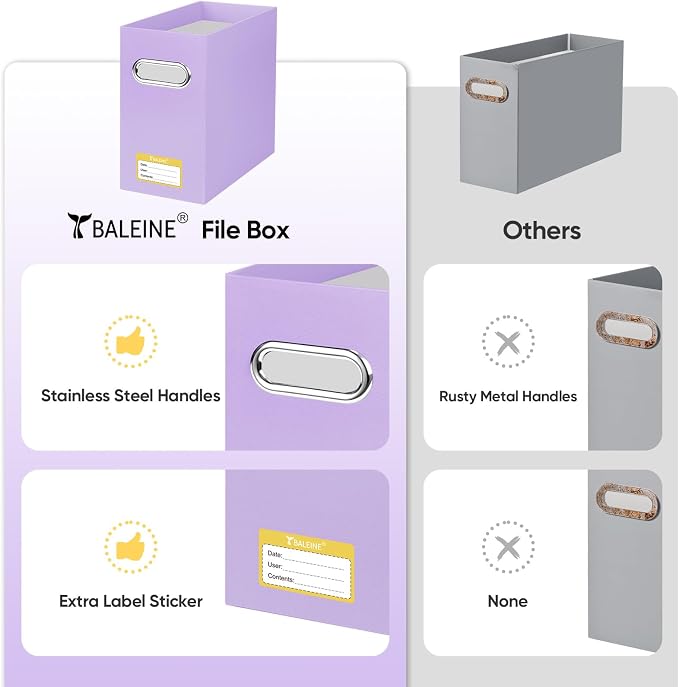 BALEINE File Organizer Box, Cardboard File Folder Organizer with Handle for Letter Size, Portable Collapsible Hanging Filing Box for Home Office Document Storage (1 Pack, Lavender)