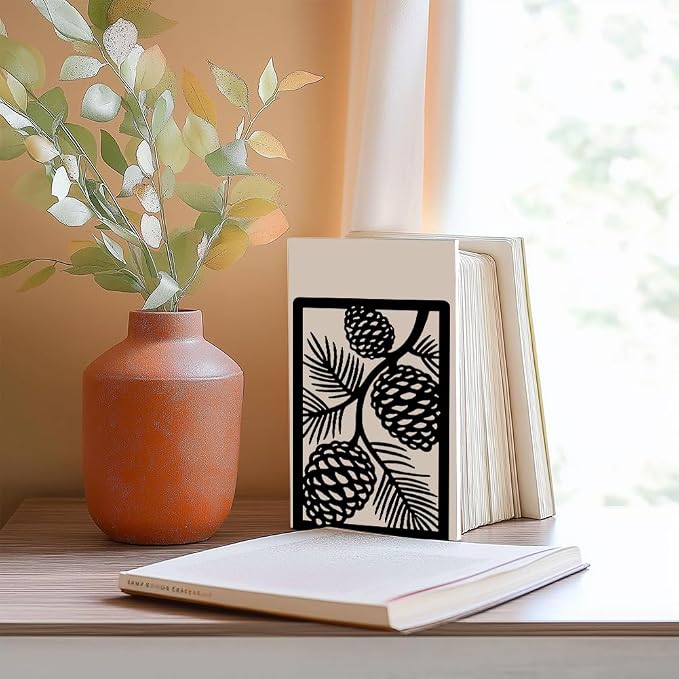 2 Pcs Decorative Metal Bookends, Pinecone Design Book Ends for Shelves Black Heavy Duty Book Stopper Suitable for Home Office School