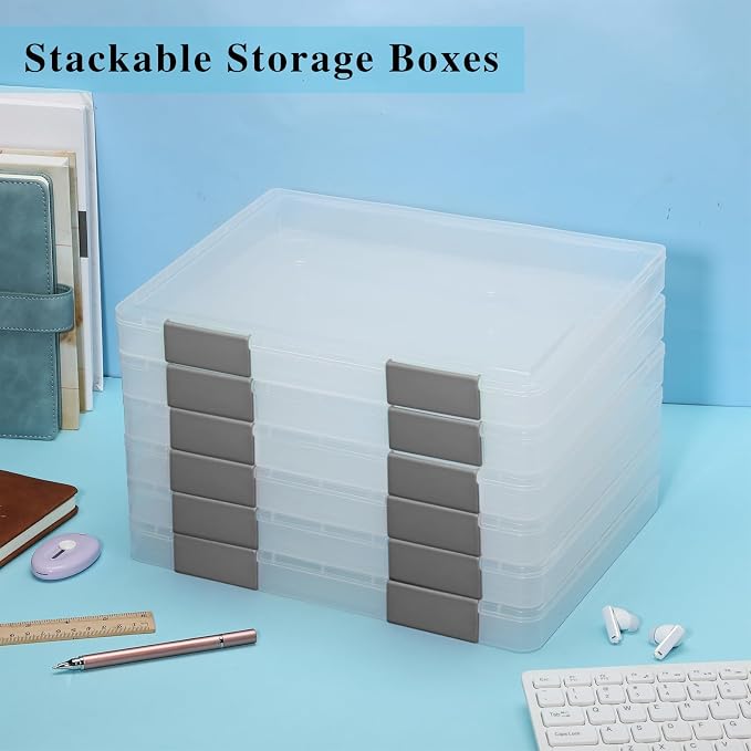 PerKoop 6 Pcs Clear Paper Storage Box A4 Plastic File Box Document Paper Organizer Storage Board Game Project Cases Containers with Buckle for Craft, Magazine(Gray,12.4 x 9.84 x 1.18 Inches)