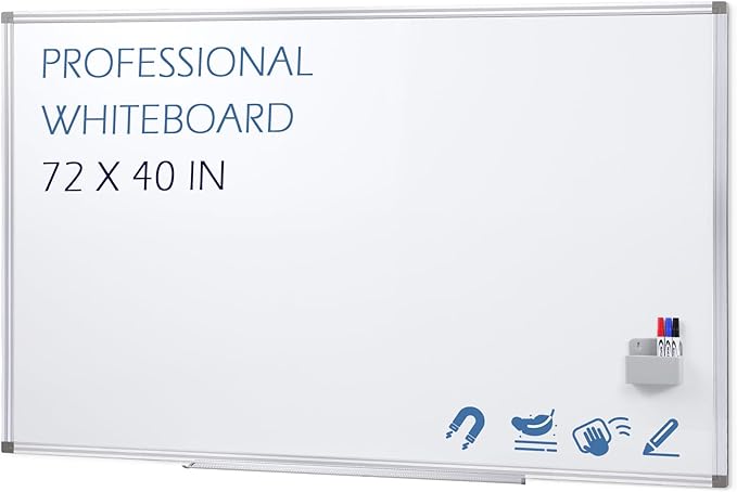SWANCROWN Large Magnetic White Board 72 x 40 Inches with Thick Aluminum Frame, Large Dry Erase Board for Wall, with Magnetic Pen Holder & Long Marker Tray for Conference Room