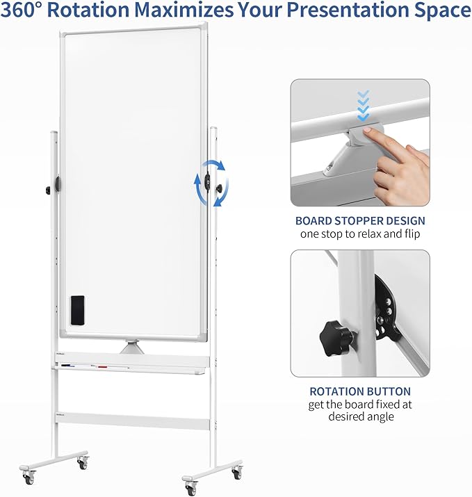 Double-Sided 40" x 28" Mobile Whiteboard with Wheels | Rolling Magnetic Dry Erase Board on Stand | Adjustable Height Silver Frame White Board for Office, Classroom & Home