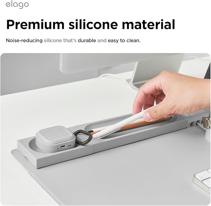 elago Smart Magnetic Desk Mat Pencil Tray – Soft Silicone Organizer for Office Supplies, AirPods, Glasses, Pens – Noise-Free, Washable, Item for Desk Management [Medium-Small Set] (Light Grey)