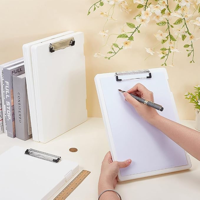 FINGERINSPIRE 5Pcs Clipboard with Storage 9.06x12.6 inch Plastic Clipboard with Metal Clip Teacher Clipboards with Side-Opening Design High Capacity Clip Boards for Office Hospital Use