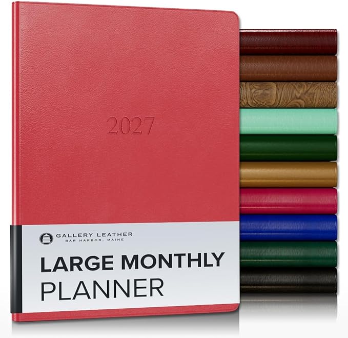 Gallery Leather Large Monthly Planner 2027, Elegantly Bound Calendar Planner and Notebook with Stylish Gold-Gilded Page Edges, 18 Months - Caribbean Red - 9.75x7.5"