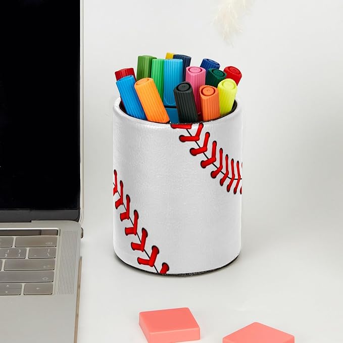 Pen Pencil Holder for Desk, Baseball Laces Makeup Brush Holders Leather Pen Organizer Desktop Supplies and Accessories, Pencil Caddy for Office Home Art Supply