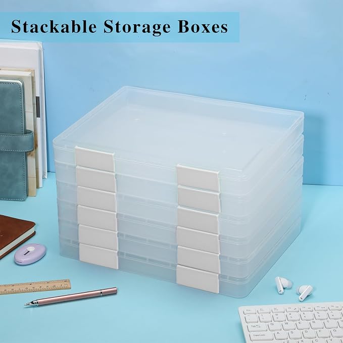 PerKoop 6 Pcs Clear Paper Storage Box A4 Plastic File Box Document Paper Organizer Storage Board Game Project Cases Containers with Buckle for Craft, Magazine(12.4 x 9.84 x 1.18 Inches,White)