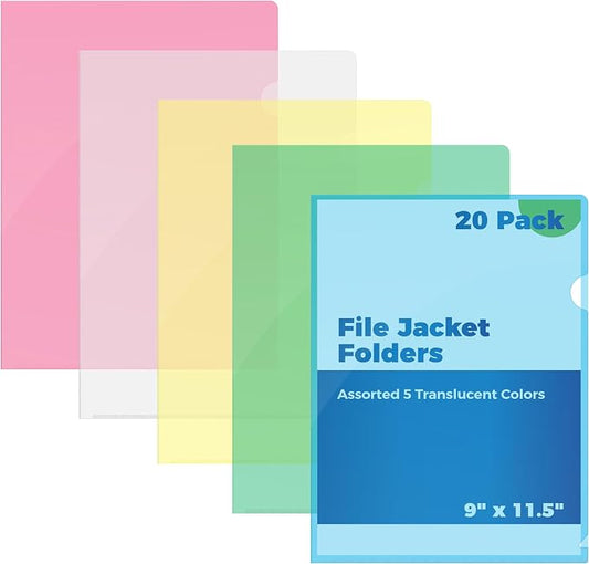 Better Office Products Poly Project Pockets, Plastic File Jacket Sleeves for Letter Size Paper, Assorted 5 Translucent Colors, Project Folder File Jackets, 9" x 11.5", 20 Pack