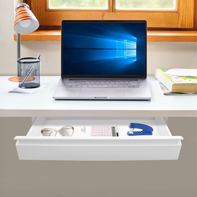 22 Inch Under Desk Mounted Sliding Pull-out Drawer Storage for Sit Stand Workstation Office(Applicable Table Thickness: 0.79in) White