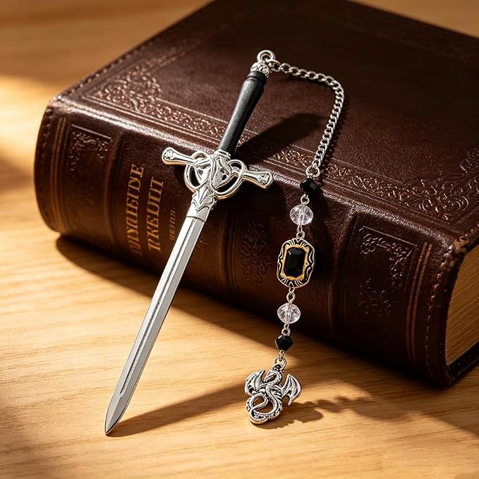 Fantasy Sword Bookmark with Dragon Pendant, Stainless Steel Gothic Medieval Book Marker with Crystal Charm Tassel, Reading Accessory Gift Box for Book Lovers and Fantasy Readers(Dragon)