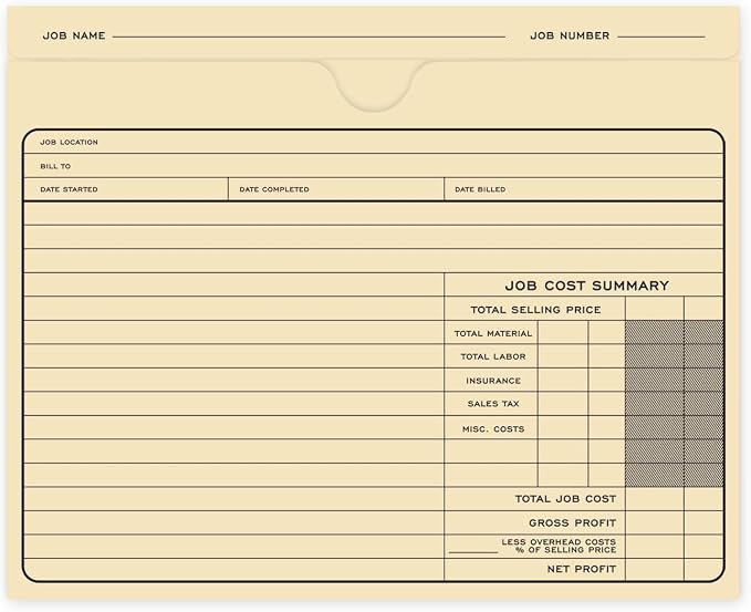 Classic Professional Manila File Folder / 50 Preprinted Job Folders / 10" x 12" Fill in Task Cost Tracking File Jacket Folders/Project Progress Tracker/Made in The USA