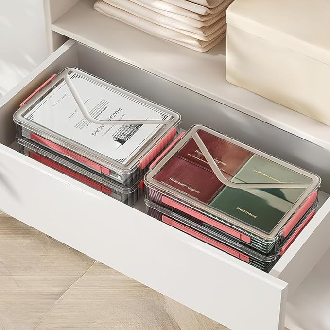 2 Pack Clear Plastic File Storage Boxes with Latching Lids, Transparent Certificate Organizer, Portable Project Case for Drawers, Clear Stackable File Box for A4 Files (‎Red Latches, Large)