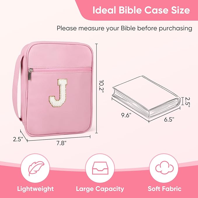 Bible Covers for Girls, Fruobeyla Pink Bible Cases for Woman PU Leather Bibles Carrying Case for Women, Large Bibles Tote Bags with Handle and Zippered Pocket for Kids, Pink (Letter J)