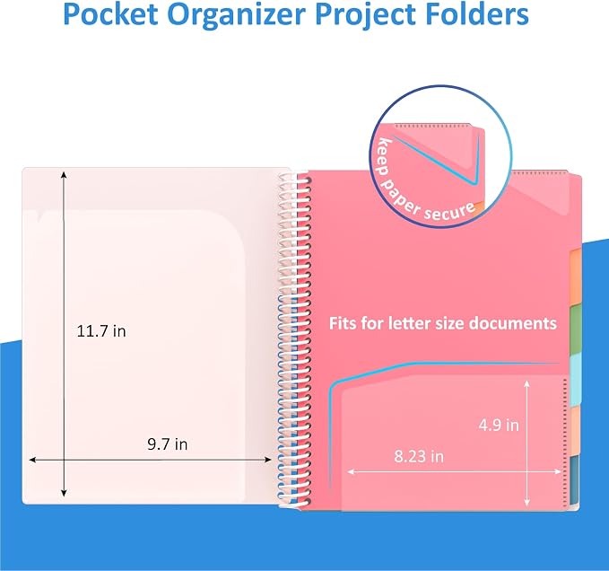 12 Pocket Project Organizer, 6 Color Letter Size Spiral Multi Pocket Folder Organizer, 1/6-cut Tab Poly File Organizer Binder with Dividers,Multi-Subject Notebook Binder School Office Supplies
