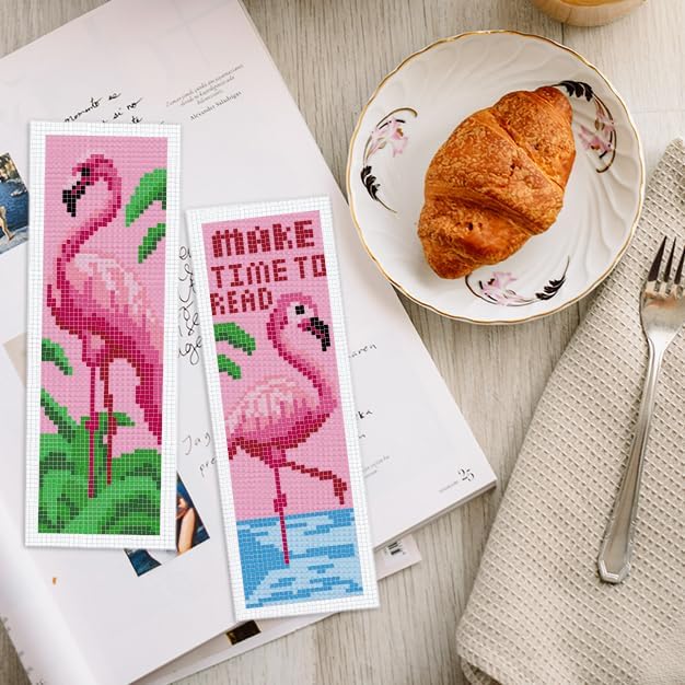 INFUNLY 6PCS Flamingo Cross Stitch Bookmarks Kit Pink Handmade Cross Stitch Bookmarks Make Time to Read DIY Cross Stitch Bookmark Set with Backing Felt Floss Instruction for Adult Book Lovers