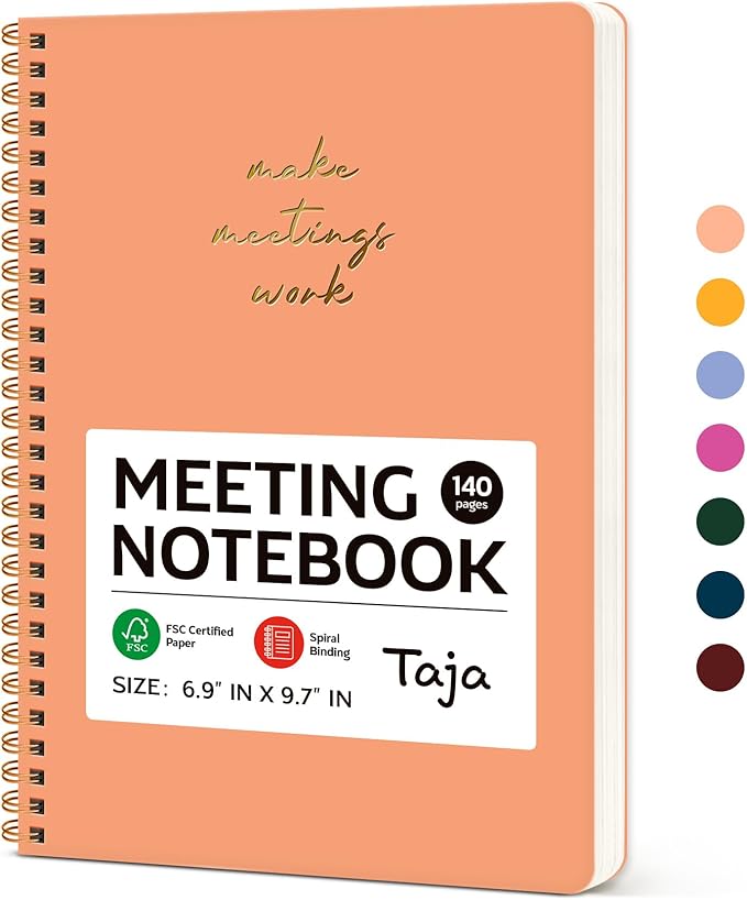 Meeting Notebook for Work Organization - Work notebook with action items, Meeting Minutes Planner Notebook, Perfect Office Supplies for Men & Women - Coral