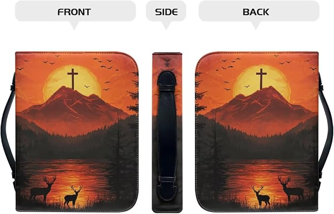 Bible Study Supplies Bible Cover for Men Cross Deer Sunset Print Leather Bible Cover case for Women Halloween Christmas Day or Christian Gifts for Women Church Bag(Holy Land Twilight)