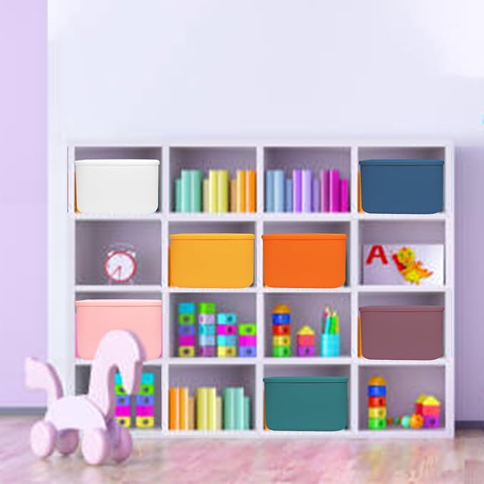 7 Pcs Plastic Storage Bins with Lid Colorful Storage Bins Small Desktop Storage Box Cubby Bins Stackable Storage Baskets for Office Classroom Kitchen Cabinet Shelf (10×7.1×6.2inch)
