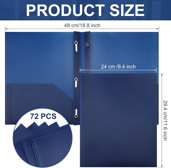 Cholemy 72 Packs Pocket Folders with Prongs Heavy Duty Plastic Folder with Business Card Slot 3 Prong Fasteners for School Office (Navy Blue)