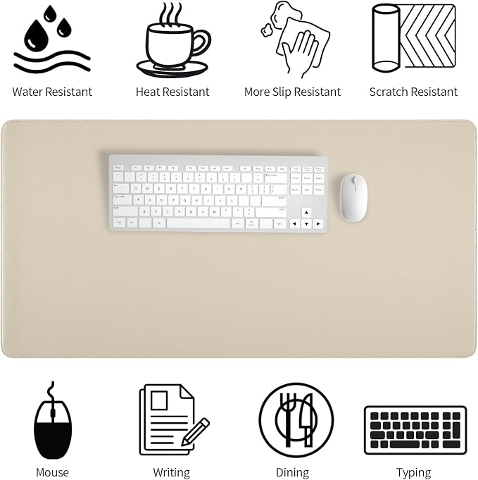 Beige Desk Mat with Stitched Edges, 31.5"×15.7" Keyboard Pad, Non-Slip Desk Protector Mat, Leather Desk Blotter, Waterproof Desk Pad for Office Home Decor