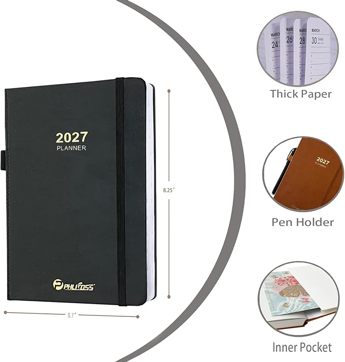 2027 Daily Planner/Calendar, One Page Per Day, Daily Monthly Agenda Planner with Time Slots and Monthly Tabs, Jan - Dec 2027, 5.7" x 8.25" Appointment Book, Pen Holder, Leather Cover (Black)