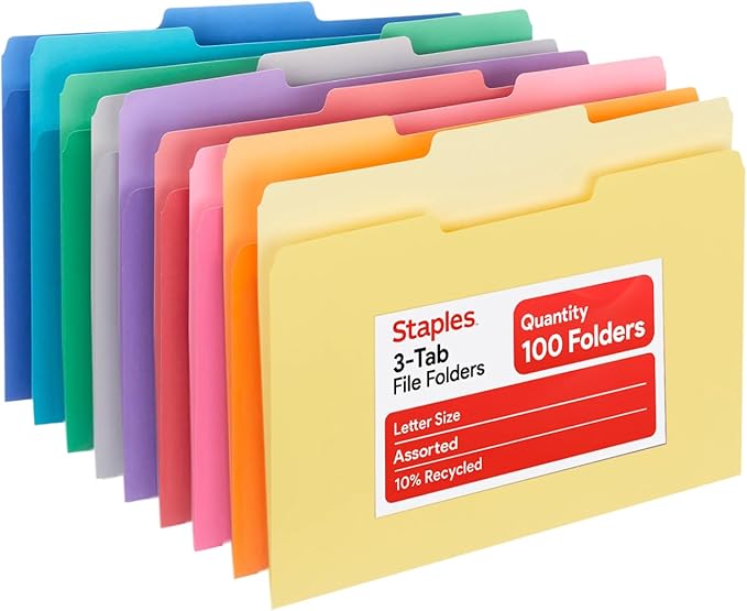 Staples File Folders, Letter Size, 1/3‑Cut Tabs, Assorted Colors, Durable 10.5‑Point Paper Stock, 100/Pack