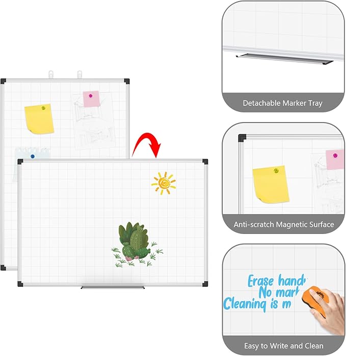XBoard Magnetic Dry Erase Whiteboard with Lines 36 x 24 Inch, 3' x 2' Double Sided Hanging White Board Planner for Wall | Grid Lined White Board + Message Presentation Board