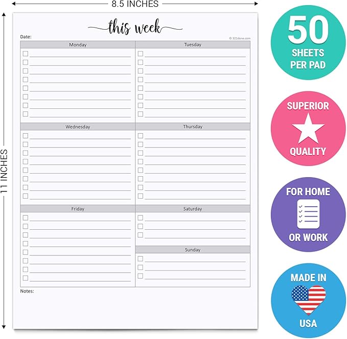 321Done Weekly Checklist Planning Pad - 50 Sheets (8.5" x 11") - This Week to Do Notepad Tear Off, Desktop Planner Large Letter-Size - Made in USA - Simple Script