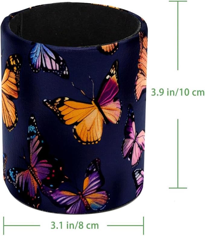 Pen Holder for Desk, Seamless Butterflies Aesthetic Pattern Leather Round Pencil Cup Stationery Supplies Holder, Large Capacity Makeup Brush Holder for Home, Office
