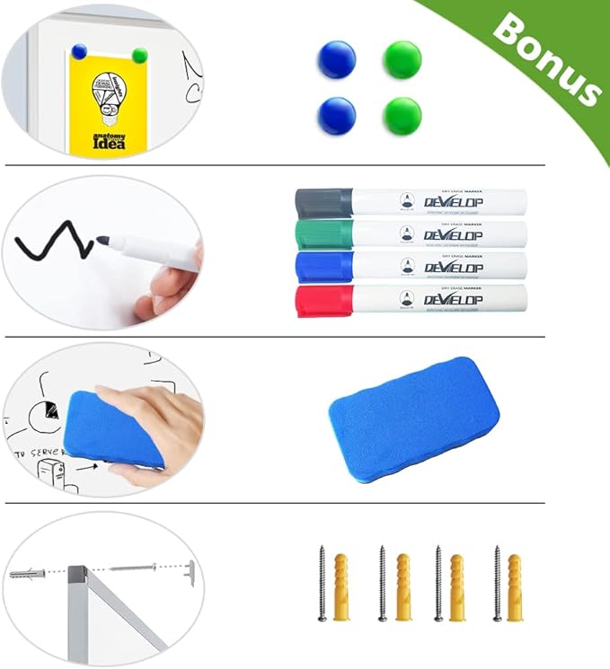 DEVELOP Magnetic Large Dry Erase Board, 36 x 60 Inches(3’ x 5’) Whiteboard, Wall-Mounted White Board for Office, Classroom, Home, Includes 4 Markers, 4 Magnets, Ruler & Erase