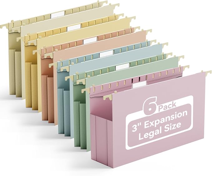 Ansook Legal Size Hanging File Folders,Heavy Duty 3 Inch File Folders Legal Szie, Plastic Hanging Folders for Filling Cabniet,6 Pack Hanging File Folder Organizers with 1/5-Cut Tabs - Assorted Colors