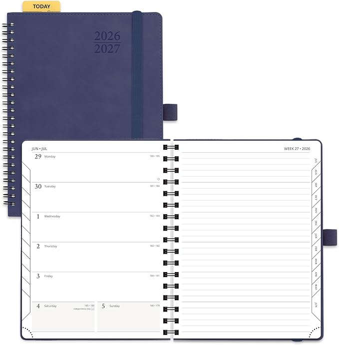 POPRUN Weekly Planner 2026-2027, 6.5" x 8.5", (July 26-June 27) Academic Weekly and Monthly Planner, Calendar Notebook 2026-2027 Agenda for School, College, Spiral Leather Softcover - Navy Blue
