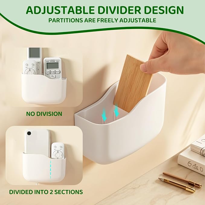 Wall Mount Remote Control Holder, Adhesive Phone Charging Holder, Universal TV Remote Organizer, Controller Storage Organizer Box with Adjustable Divider for Phone,Room, Bedside, Office (S*2&L*1)