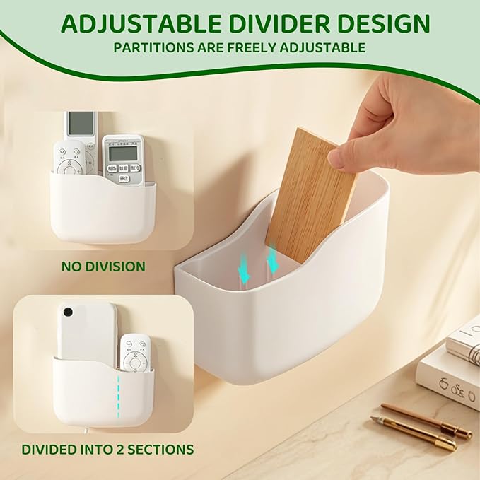 Wall Mount Remote Control Holder, Adhesive Phone Charging Holder, Universal TV Remote Organizer, Controller Storage Organizer Box with Adjustable Divider for Phone,Room, Bedside, Office (S*2+L*2)