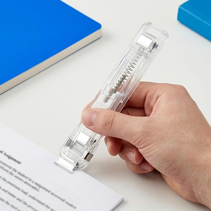Portable Paper Clam Clip Dispenser 2pcs - Reusable Push Stapler with 200 Refill Clips, No-Hole Binding - Up to 40 Sheet Capacity, Handheld for Document Office School Desk (Transparent)