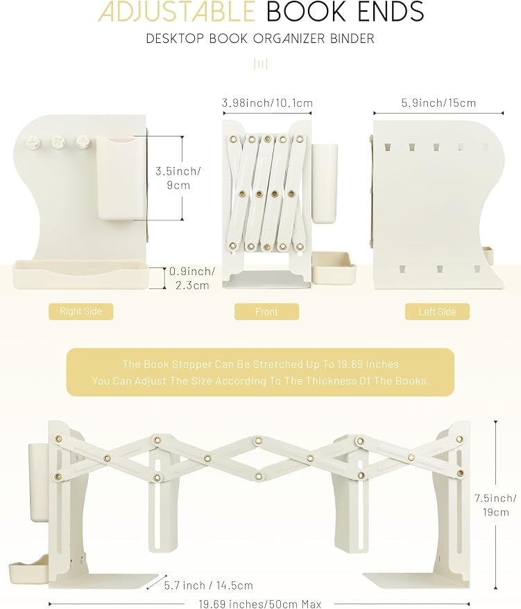 Heavy Duty Bookends Adjustable Book End, Desk Book Holder for Shelves, Book Organizer for Desk, Suitable for Office Home School (19.69 inches Max) (White)