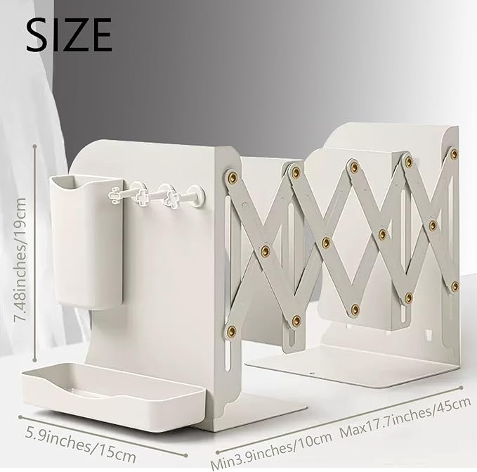 Adjustable Metal Bookends Heavy Duty for Shelves, 2 Dividers, Side Organzier, Anti-Slip Design Expandable Book Ends for Desk, Office(White, 18 inches Max)